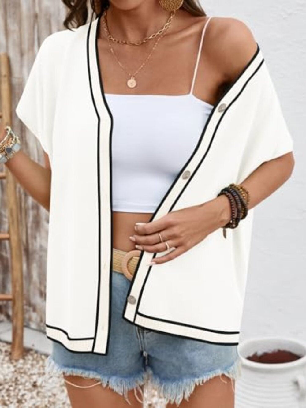 Oversized Short Sleeve V-Neck Button Cardigan Lightweight Knitted Trendy Sweater - Picture 5 of 7